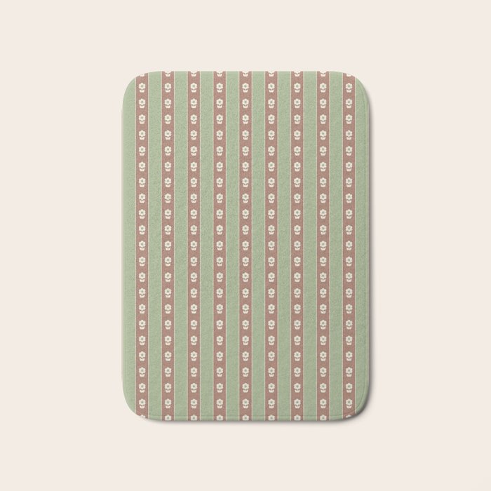 Cottage Stripes and Flowers Pattern in Earthy Sage Green and Mocha Brown Bath Mat Gallery Image 1
