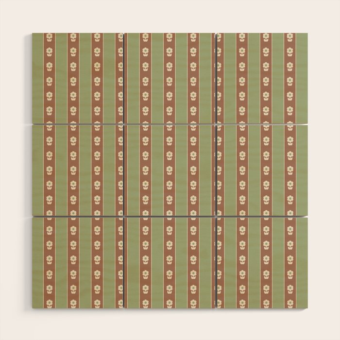 Cottage Stripes and Flowers Pattern in Earthy Sage Green and Mocha Brown Wood Wall Art Gallery Image 1