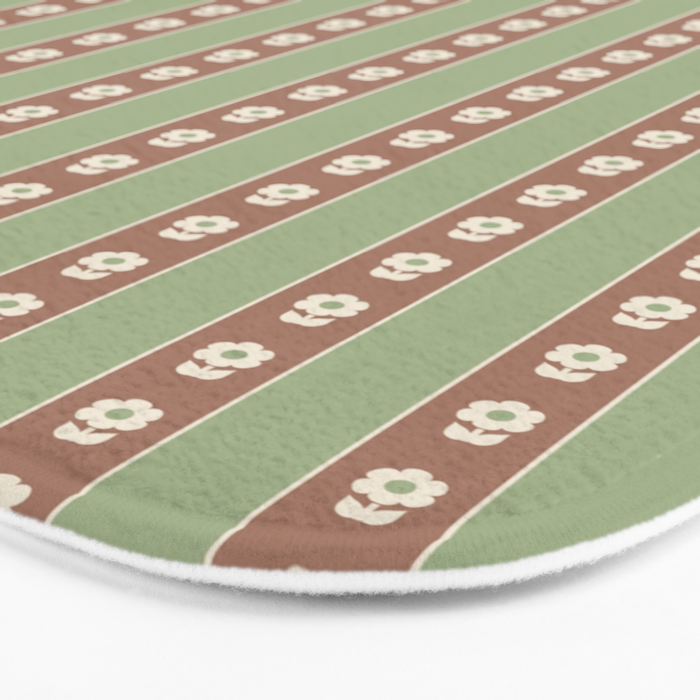 Cottage Stripes and Flowers Pattern in Earthy Sage Green and Mocha Brown Bath Mat Gallery Image 3