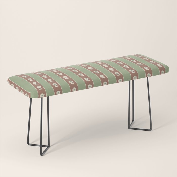 Cottage Stripes and Flowers Pattern in Earthy Sage Green and Mocha Brown Bench Gallery Image 1