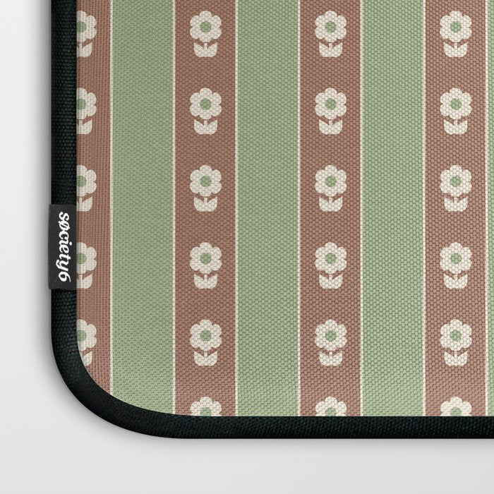 Cottage Stripes and Flowers Pattern in Earthy Sage Green and Mocha Brown Laptop Sleeve Gallery Image 3
