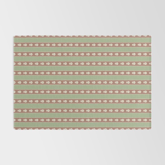 Cottage Stripes and Flowers Pattern in Earthy Sage Green and Mocha Brown Rug Gallery Image 2