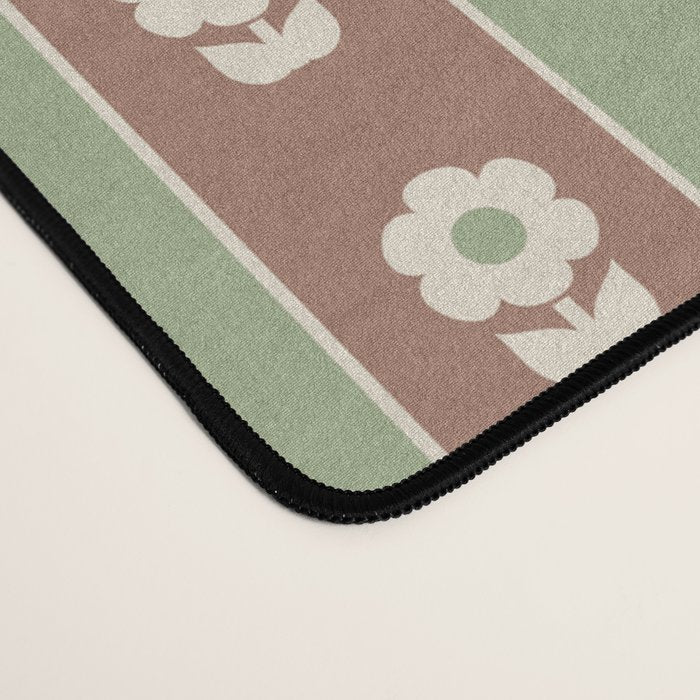 Cottage Stripes and Flowers Pattern in Earthy Sage Green and Mocha Brown Desk Mat Gallery Image 4