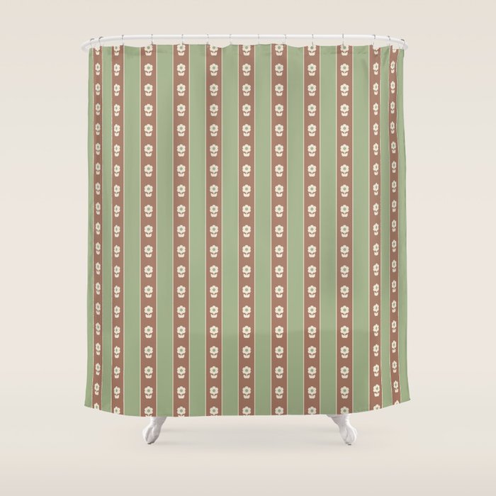Cottage Stripes and Flowers Pattern in Earthy Sage Green and Mocha Brown Shower Curtain Gallery Image 1