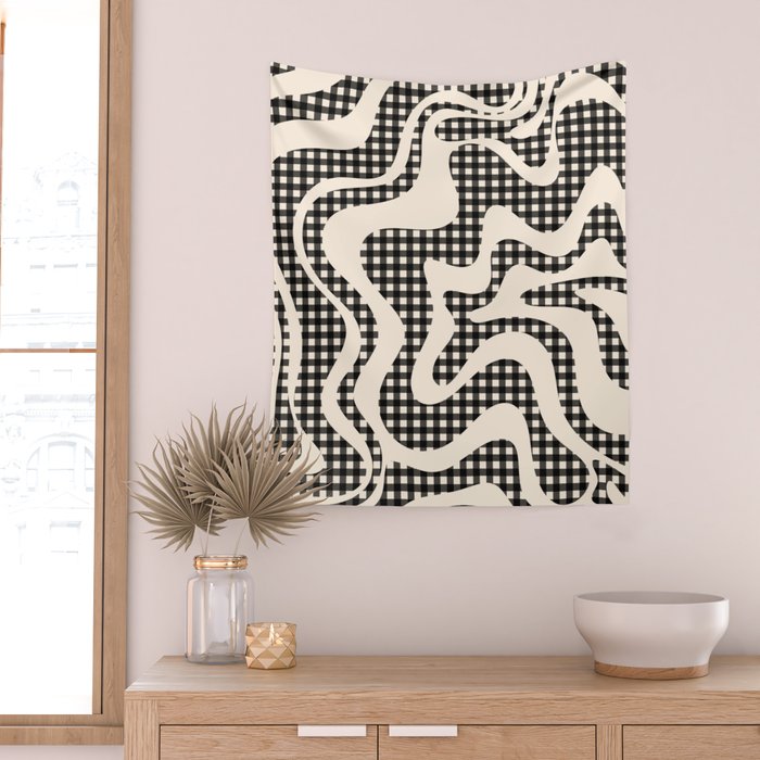 Retro Liquid Swirl Abstract Gingham Check Pattern in Black and Almond Cream Wall Tapestry Gallery Image 2