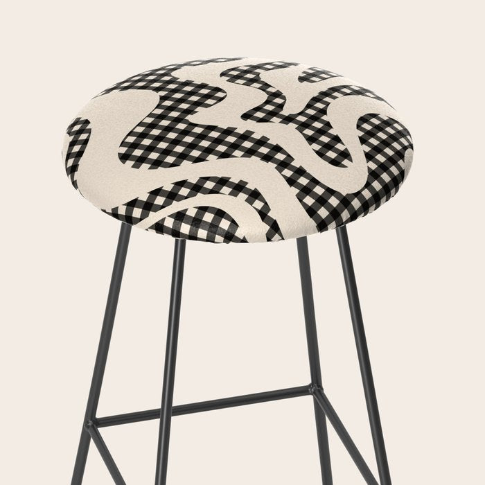Retro Liquid Swirl Abstract Gingham Check Pattern in Black and Almond Cream Stool Gallery Image 2