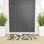 Retro Liquid Swirl Abstract Gingham Check Pattern in Black and Almond Cream Welcome Mat Gallery Image 3