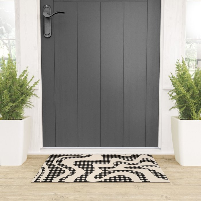 Retro Liquid Swirl Abstract Gingham Check Pattern in Black and Almond Cream Welcome Mat Gallery Image 3