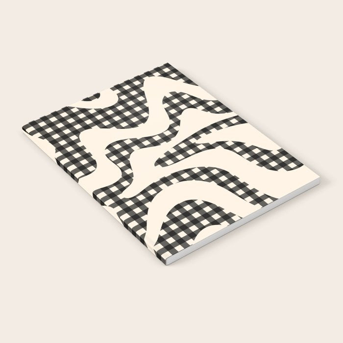 Retro Liquid Swirl Abstract Gingham Check Pattern in Black and Almond Cream Notebook Gallery Image 1