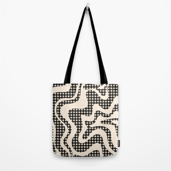 Retro Liquid Swirl Abstract Gingham Check Pattern in Black and Almond Cream Tote Bag Gallery Image 2