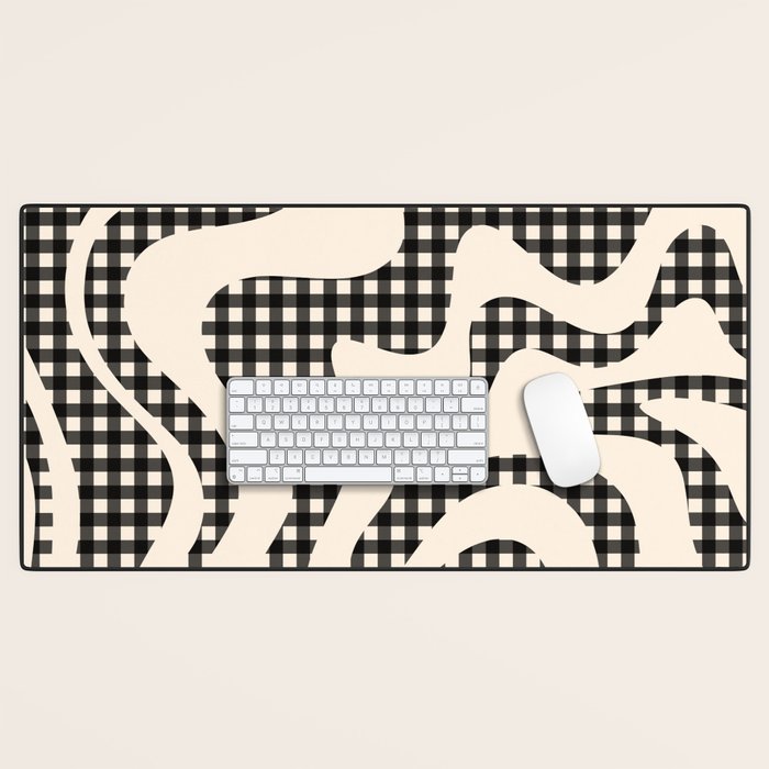 Retro Liquid Swirl Abstract Gingham Check Pattern in Black and Almond Cream Desk Mat Gallery Image 1