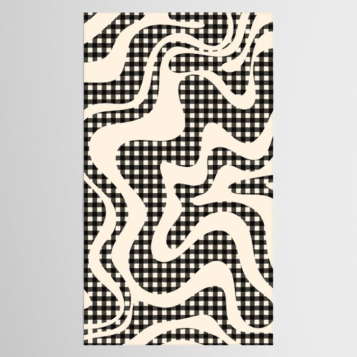 Retro Liquid Swirl Abstract Gingham Check Pattern in Black and Almond Cream Tablecloth Gallery Image 2