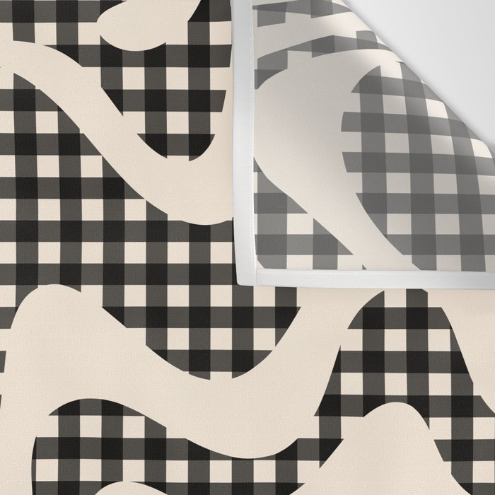 Retro Liquid Swirl Abstract Gingham Check Pattern in Black and Almond Cream Wall Tapestry Gallery Image 3