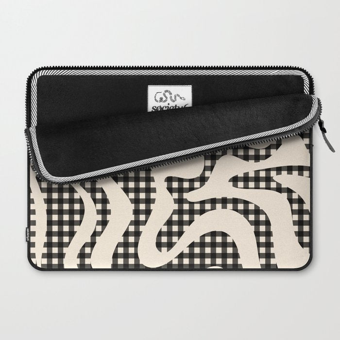 Retro Liquid Swirl Abstract Gingham Check Pattern in Black and Almond Cream Laptop Sleeve Gallery Image 2