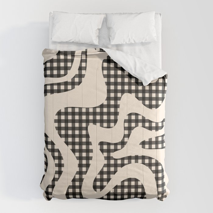 Retro Liquid Swirl Abstract Gingham Check Pattern in Black and Almond Cream Comforter Gallery Image 6