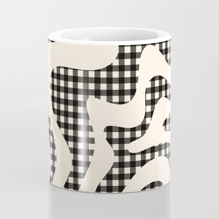Retro Liquid Swirl Abstract Gingham Check Pattern in Black and Almond Cream Coffee Mug Gallery Image 4