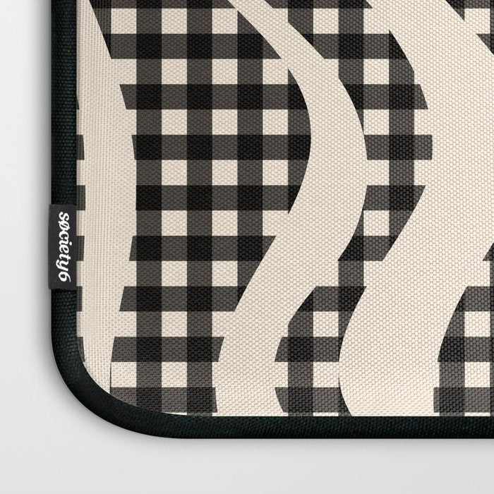Retro Liquid Swirl Abstract Gingham Check Pattern in Black and Almond Cream Laptop Sleeve Gallery Image 3