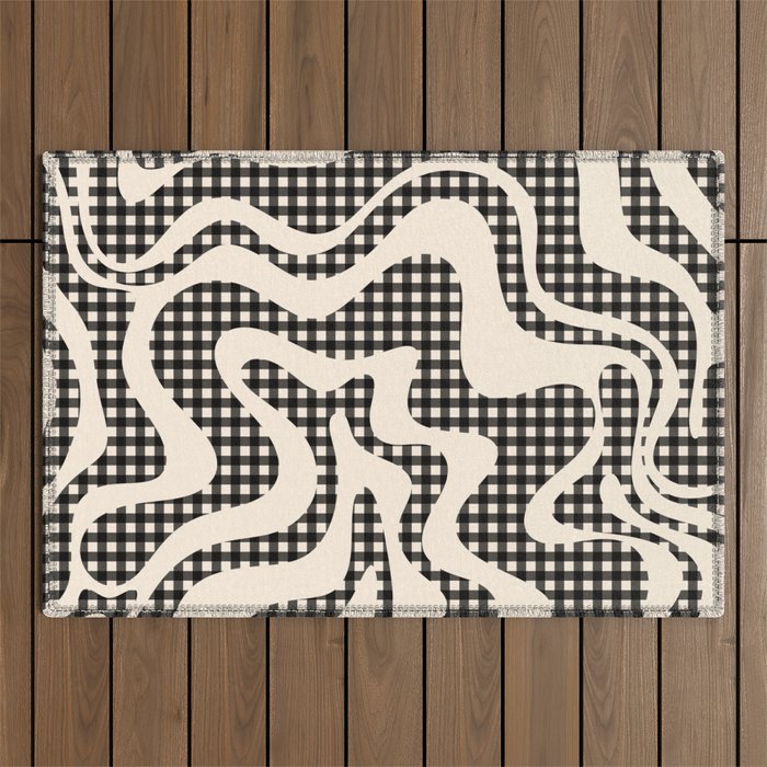 Retro Liquid Swirl Abstract Gingham Check Pattern in Black and Almond Cream Outdoor Rug Gallery Image 1