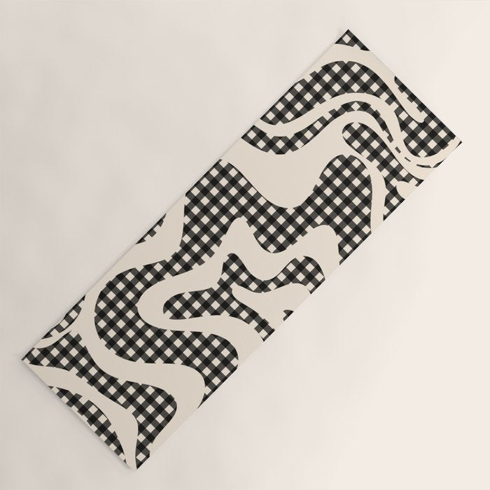 Retro Liquid Swirl Abstract Gingham Check Pattern in Black and Almond Cream Yoga Mat Gallery Image 1