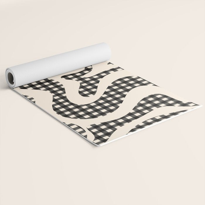 Retro Liquid Swirl Abstract Gingham Check Pattern in Black and Almond Cream Yoga Mat Gallery Image 2