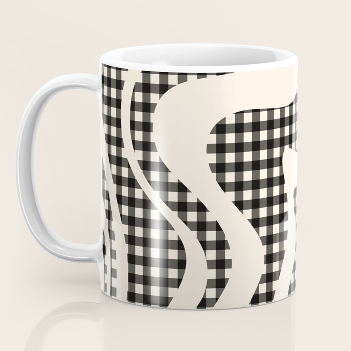 Retro Liquid Swirl Abstract Gingham Check Pattern in Black and Almond Cream Coffee Mug Gallery Image 3
