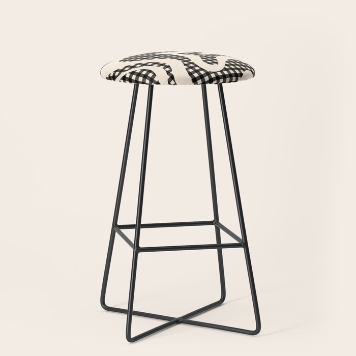 Retro Liquid Swirl Abstract Gingham Check Pattern in Black and Almond Cream Stool Gallery Image 1