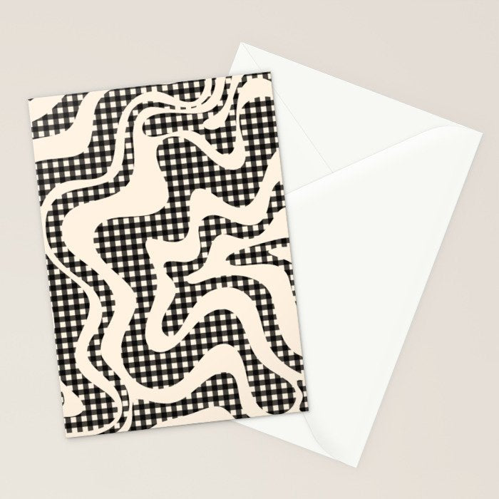 Retro Liquid Swirl Abstract Gingham Check Pattern in Black and Almond Cream Stationery Card Gallery Image 2