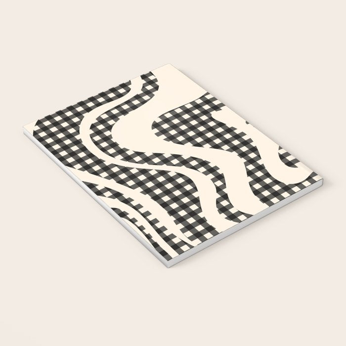 Retro Liquid Swirl Abstract Gingham Check Pattern in Black and Almond Cream Notebook Gallery Image 3