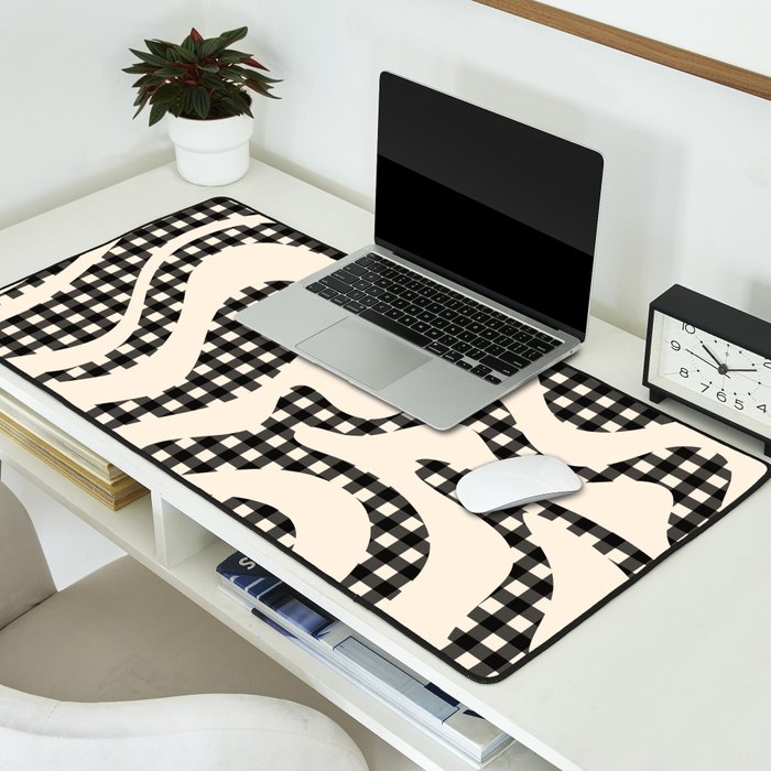 Retro Liquid Swirl Abstract Gingham Check Pattern in Black and Almond Cream Desk Mat Gallery Image 2