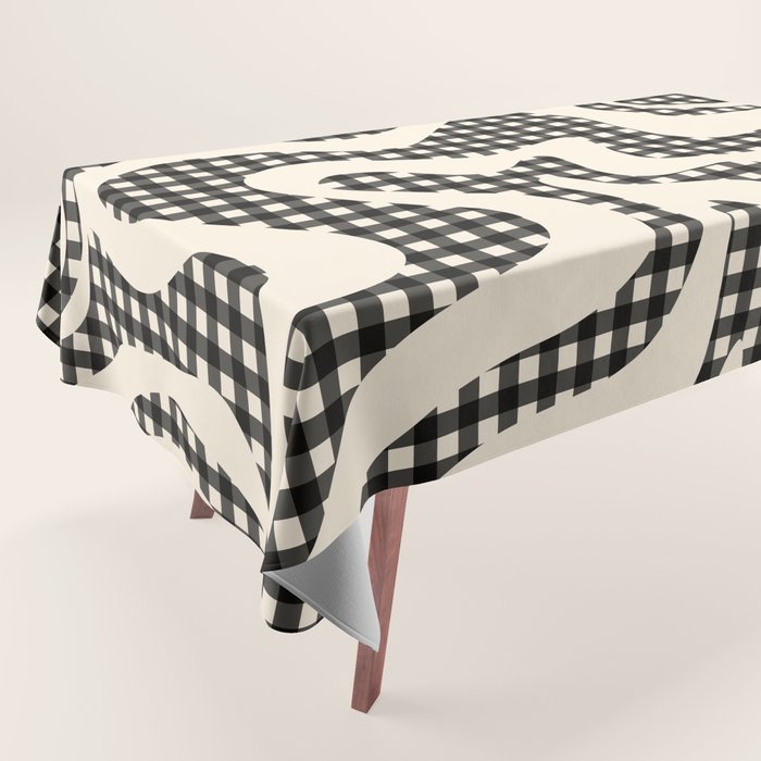 Retro Liquid Swirl Abstract Gingham Check Pattern in Black and Almond Cream Tablecloth Gallery Image 1