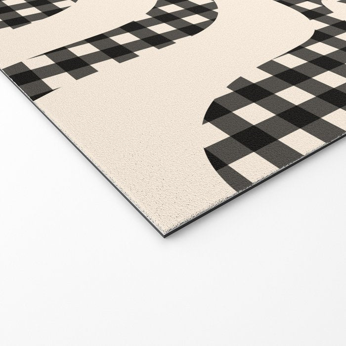 Retro Liquid Swirl Abstract Gingham Check Pattern in Black and Almond Cream Welcome Mat Gallery Image 2