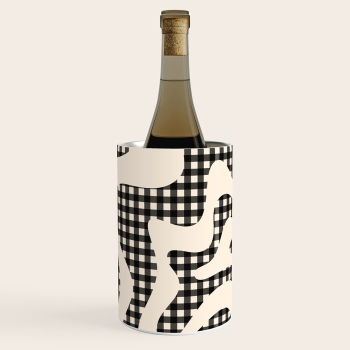 Retro Liquid Swirl Abstract Gingham Check Pattern in Black and Almond Cream Wine Chiller Gallery Image 1