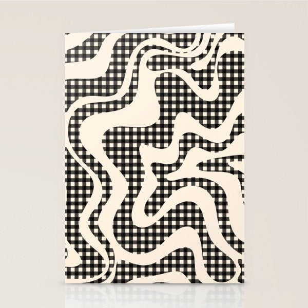 Retro Liquid Swirl Abstract Gingham Check Pattern in Black and Almond Cream Stationery Card Gallery Image 2