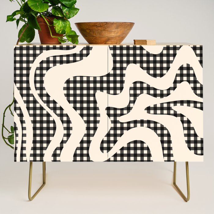Retro Liquid Swirl Abstract Gingham Check Pattern in Black and Almond Cream Credenza Gallery Image 1