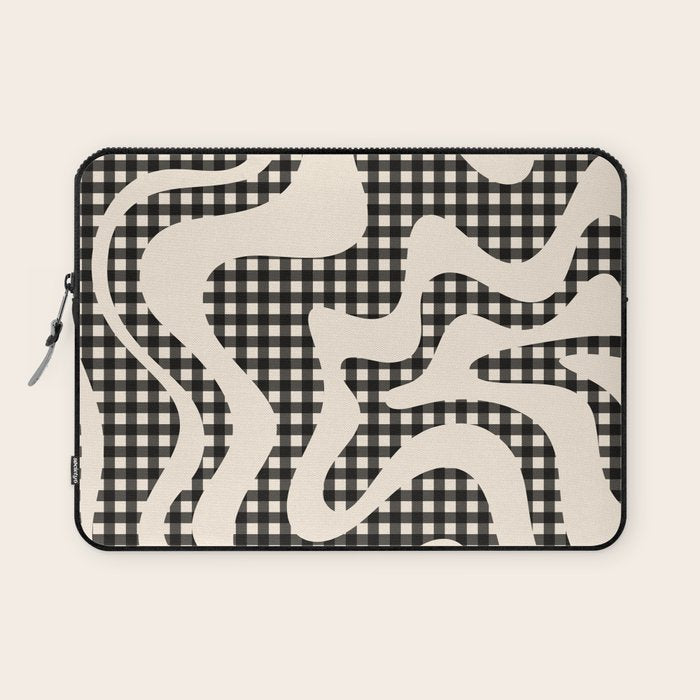 Retro Liquid Swirl Abstract Gingham Check Pattern in Black and Almond Cream Laptop Sleeve Gallery Image 1