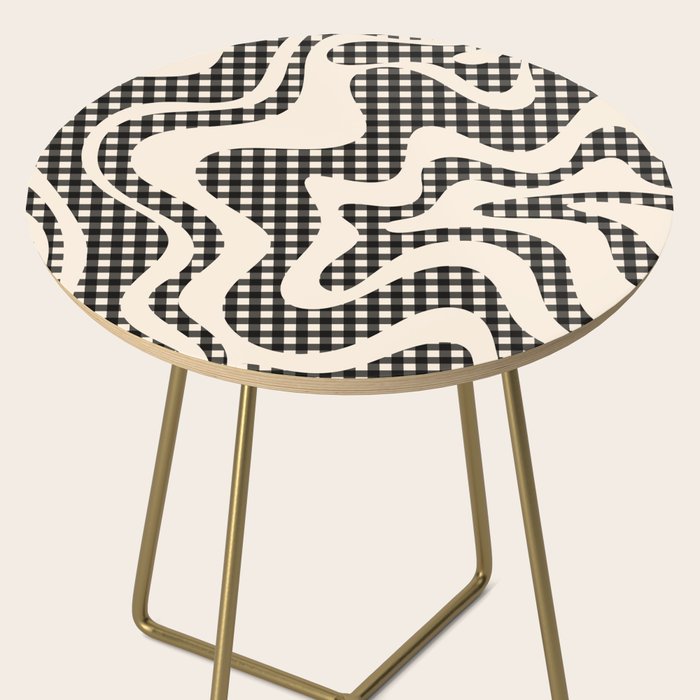 Retro Liquid Swirl Abstract Gingham Check Pattern in Black and Almond Cream Side Table Gallery Image 2