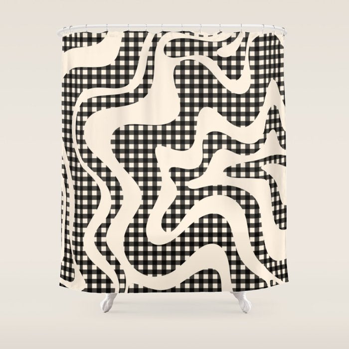 Retro Liquid Swirl Abstract Gingham Check Pattern in Black and Almond Cream Shower Curtain Gallery Image 1