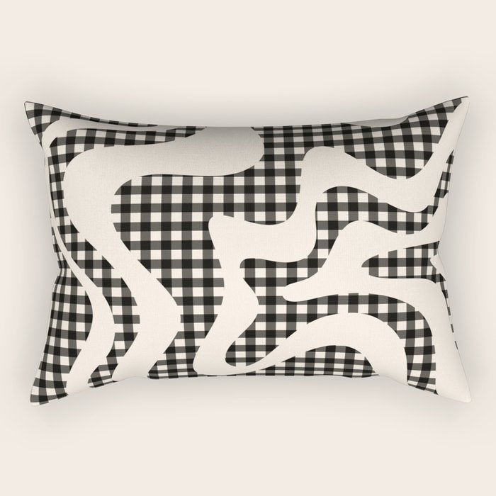 Retro Liquid Swirl Abstract Gingham Check Pattern in Black and Almond Cream Rectangular Pillow Gallery Image 2