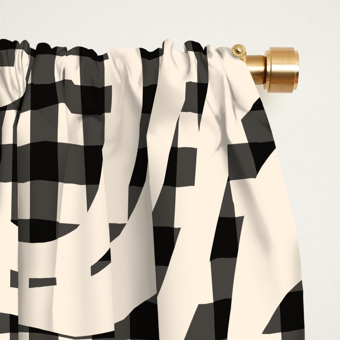 Retro Liquid Swirl Abstract Gingham Check Pattern in Black and Almond Cream Window Curtain Gallery Image 2