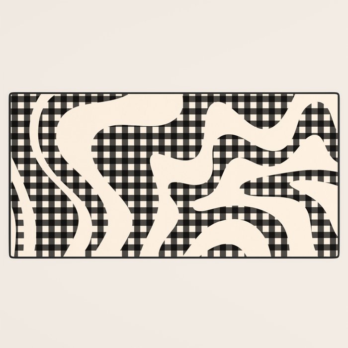 Retro Liquid Swirl Abstract Gingham Check Pattern in Black and Almond Cream Desk Mat Gallery Image 3