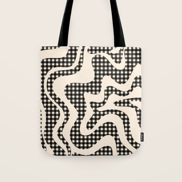 Retro Liquid Swirl Abstract Gingham Check Pattern in Black and Almond Cream Tote Bag Gallery Image 1