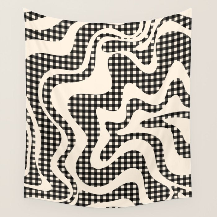 Retro Liquid Swirl Abstract Gingham Check Pattern in Black and Almond Cream Wall Tapestry Gallery Image 4