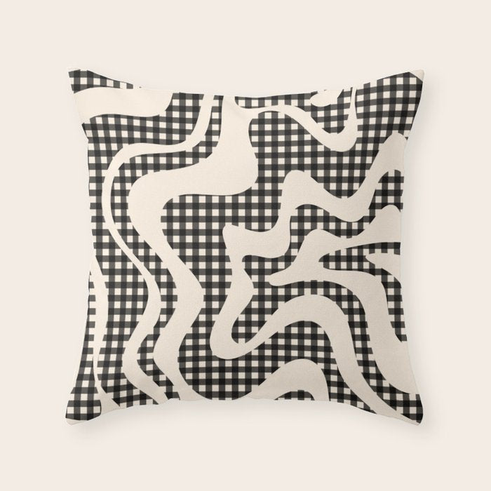 Retro Liquid Swirl Abstract Gingham Check Pattern in Black and Almond Cream Throw Pillow Gallery Image 1