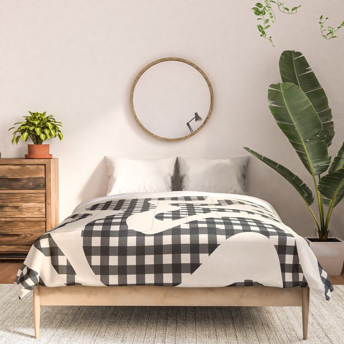 Retro Liquid Swirl Abstract Gingham Check Pattern in Black and Almond Cream Comforter Gallery Image 3