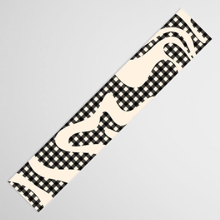 Retro Liquid Swirl Abstract Gingham Check Pattern in Black and Almond Cream Table Runner Gallery Image 3