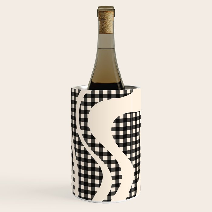 Retro Liquid Swirl Abstract Gingham Check Pattern in Black and Almond Cream Wine Chiller Gallery Image 2
