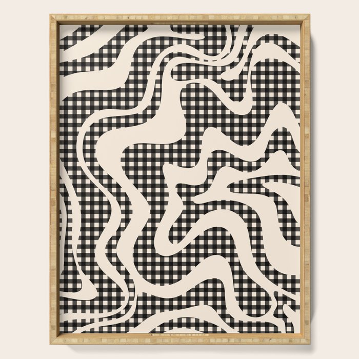 Retro Liquid Swirl Abstract Gingham Check Pattern in Black and Almond Cream Serving Tray Gallery Image 1