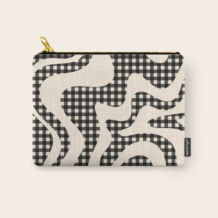 Retro Liquid Swirl Abstract Gingham Check Pattern in Black and Almond Cream Carry All Pouch Gallery Image 1
