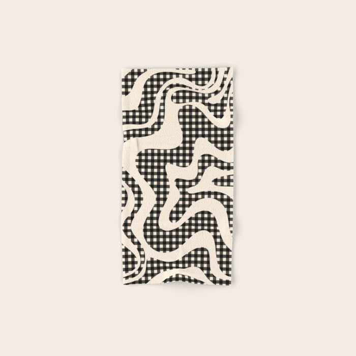 Retro Liquid Swirl Abstract Gingham Check Pattern in Black and Almond Cream Bath Towel Gallery Image 1