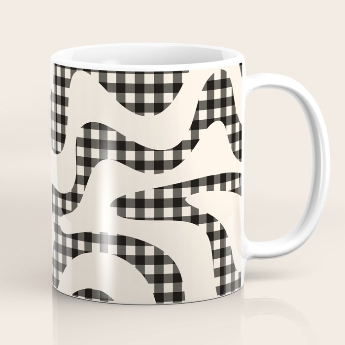 Retro Liquid Swirl Abstract Gingham Check Pattern in Black and Almond Cream Coffee Mug Gallery Image 1